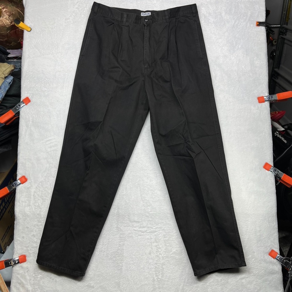 Honors Chino Pants Men's Black Pleated Cotton Pockets Classic Zip Fly - 39X32